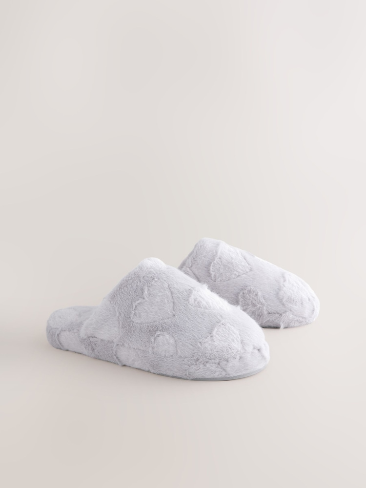 Grey Carved Heart Faux Fur Carved Heart Mule Slippers - Image 4 of 8