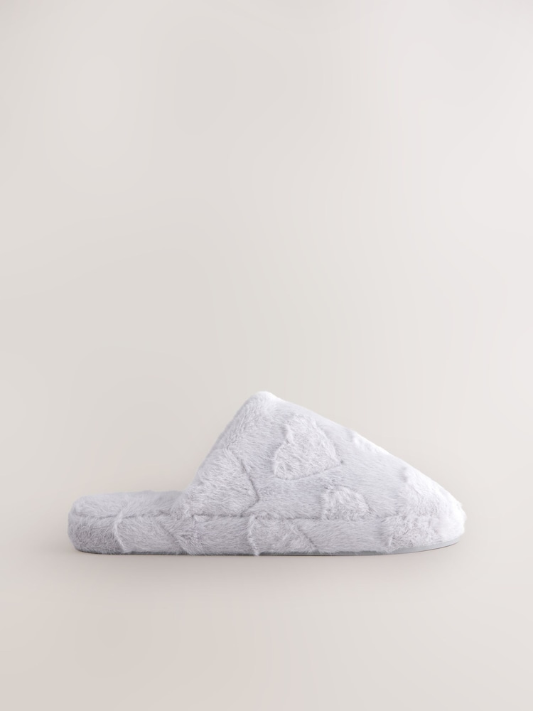 Grey Carved Heart Faux Fur Carved Heart Mule Slippers - Image 6 of 8