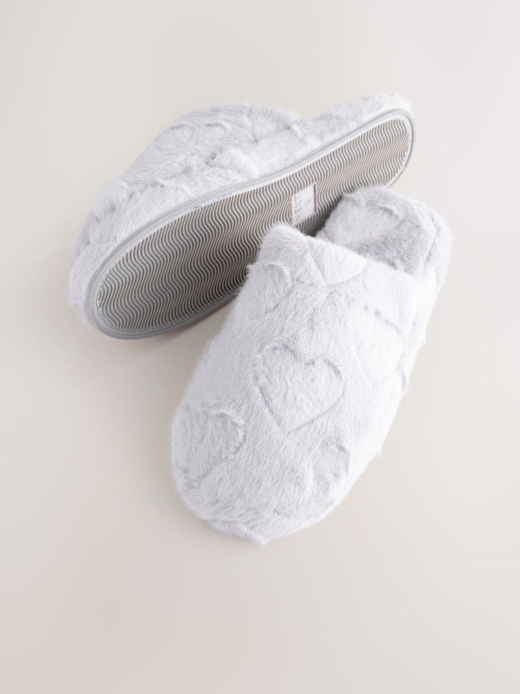 Grey Carved Heart Faux Fur Carved Heart Mule Slippers - Image 7 of 8