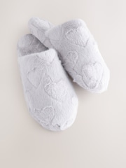 Grey Carved Heart Faux Fur Carved Heart Mule Slippers - Image 8 of 8