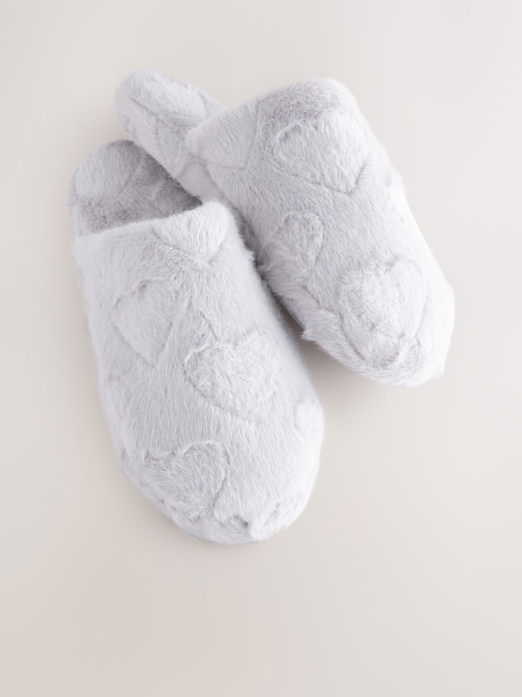 Grey Carved Heart Faux Fur Carved Heart Mule Slippers - Image 8 of 8