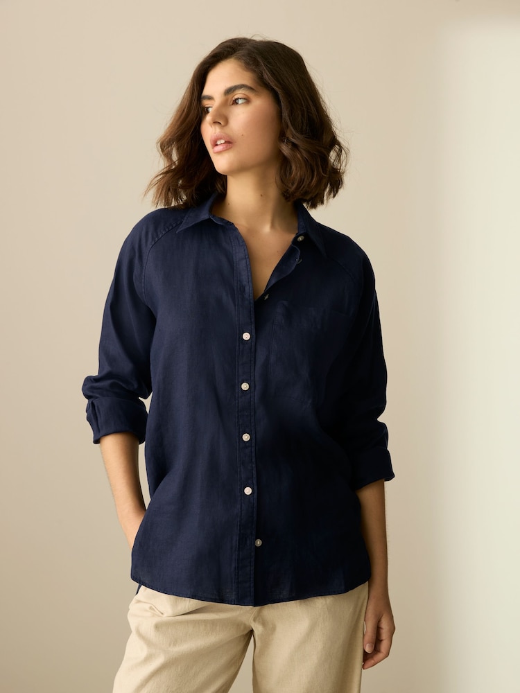 Navy Blue 100% Linen Button Down Relaxed Long Sleeve Shirt - Image 1 of 8