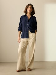 Navy Blue 100% Linen Button Down Relaxed Long Sleeve Shirt - Image 2 of 8