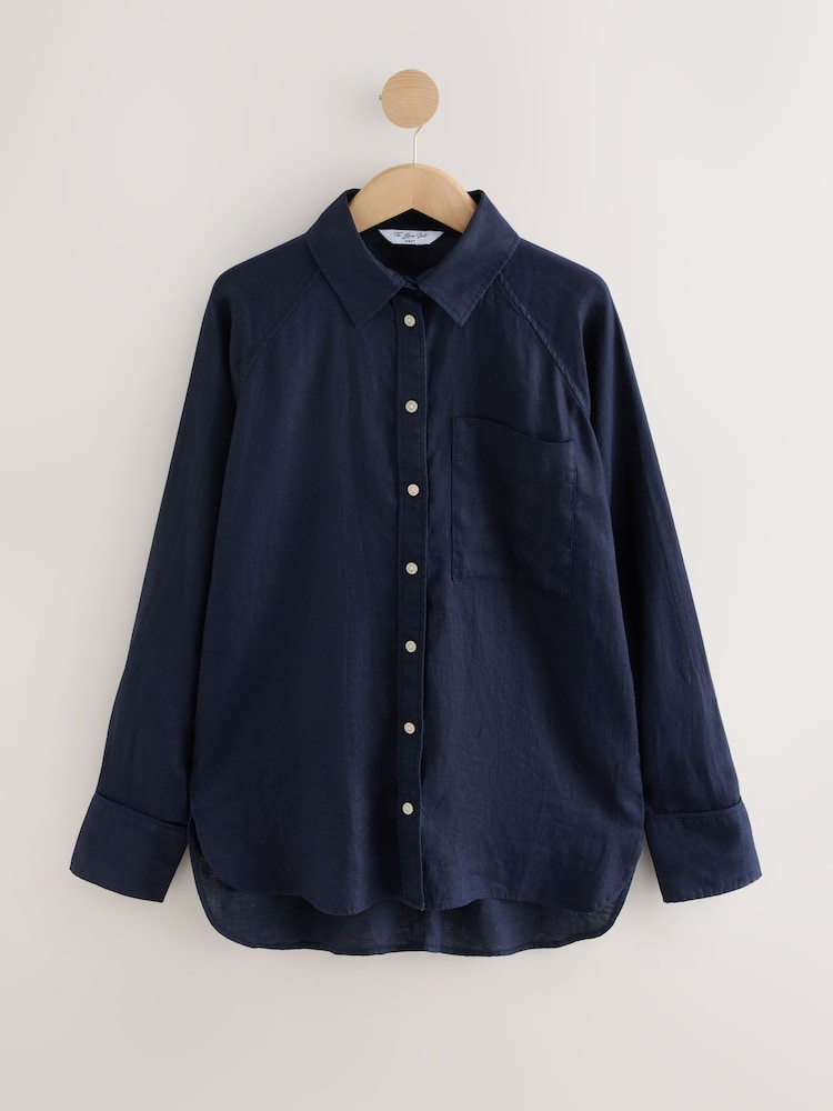 Buy Navy Blue 100% Linen Button Down Relaxed Long Sleeve Shirt