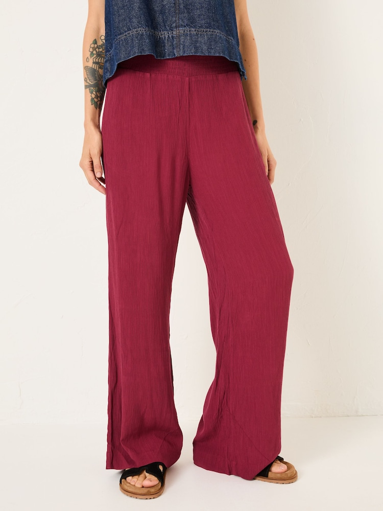 FatFace Burgundy Red Shirred Palazzo Wide Leg Trousers - Image 1 of 6