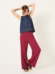 FatFace Burgundy Red Shirred Palazzo Wide Leg Trousers - Image 2 of 6