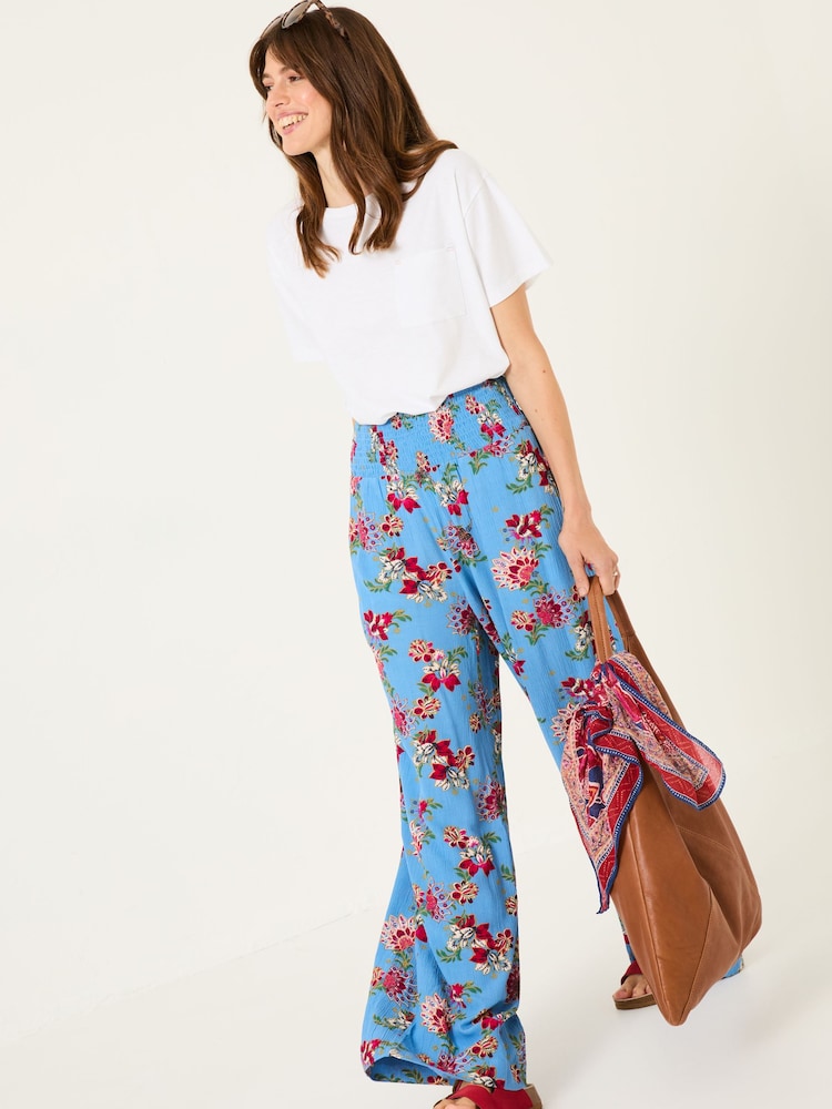 FatFace Balinese Palazzo Bright Blue Printed Wide Leg Trousers - Image 3 of 7