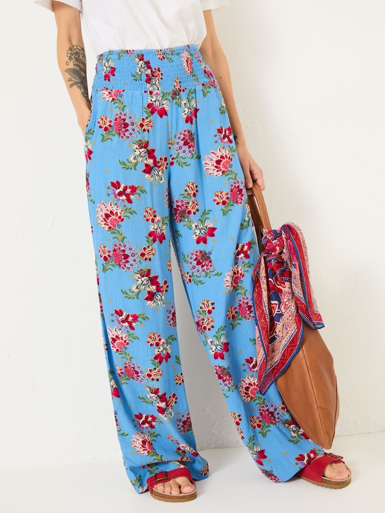 FatFace Balinese Palazzo Bright Blue Printed Wide Leg Trousers - Image 4 of 7