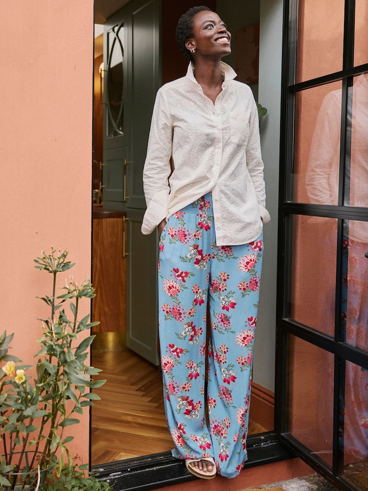 FatFace Balinese Palazzo Bright Blue Printed Wide Leg Trousers - Image 6 of 7