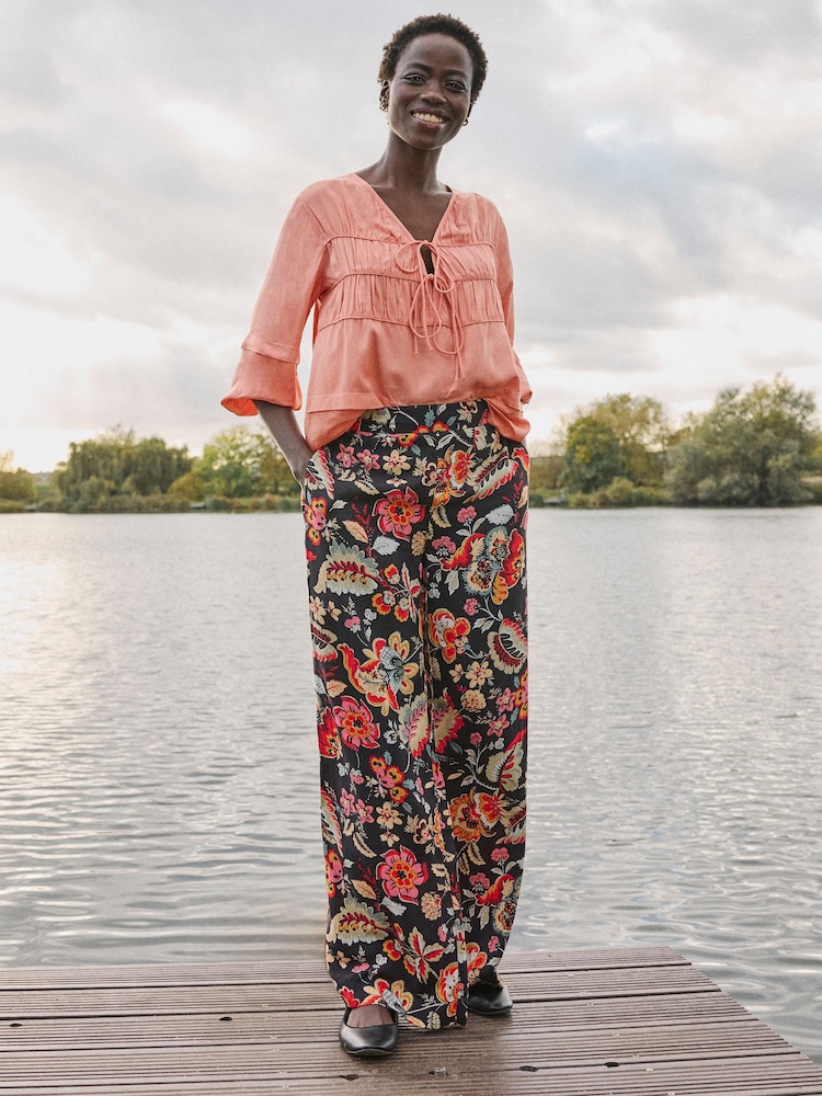 FatFace Isla Black Historical Floral Wide Leg Trousers - Image 1 of 12