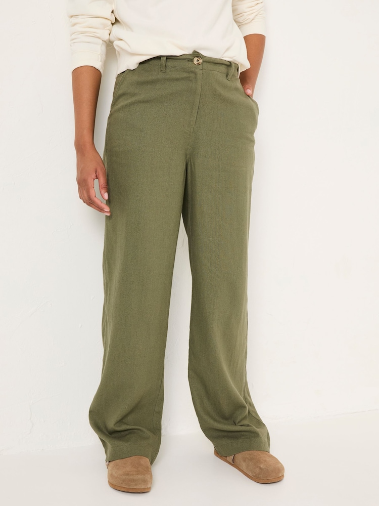 FatFace Ellie Khaki Green Linen Blend Trousers - Image 1 of 6