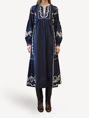 Sea New York Blue Inga Embroidery Pintucked Midi Dress - Image 1 of 4