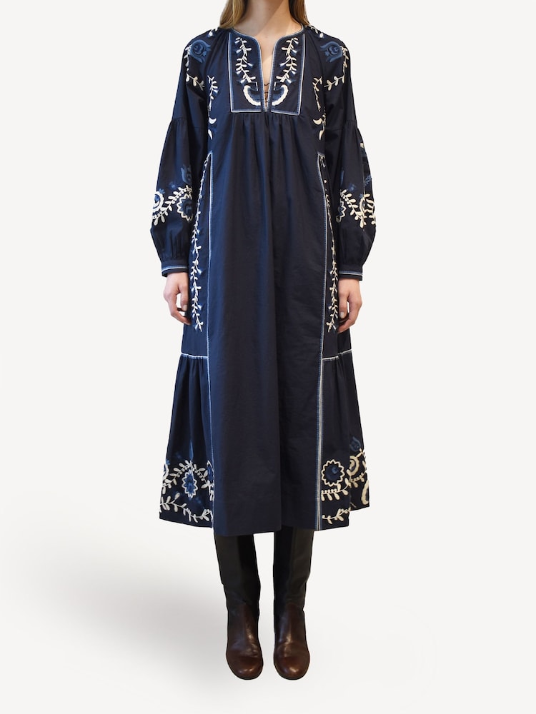 Sea New York Blue Inga Embroidery Pintucked Midi Dress - Image 1 of 4