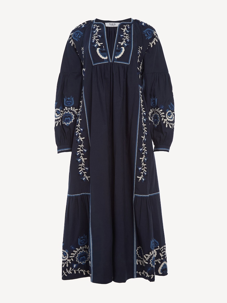 Sea New York Blue Inga Embroidery Pintucked Midi Dress - Image 4 of 4 Sea New York Blue Inga Embroidery Pintucked Midi Dress - Image 4 of 4