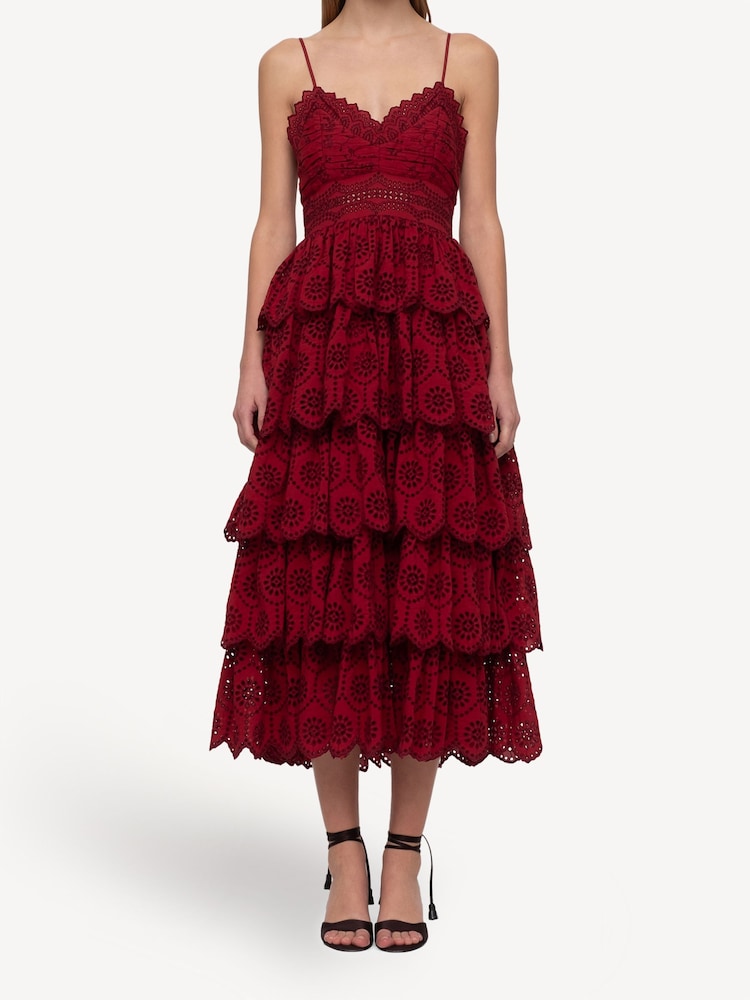 Sea New York Red Lainey Embroidery Tiered Midi Dress - Image 1 of 10