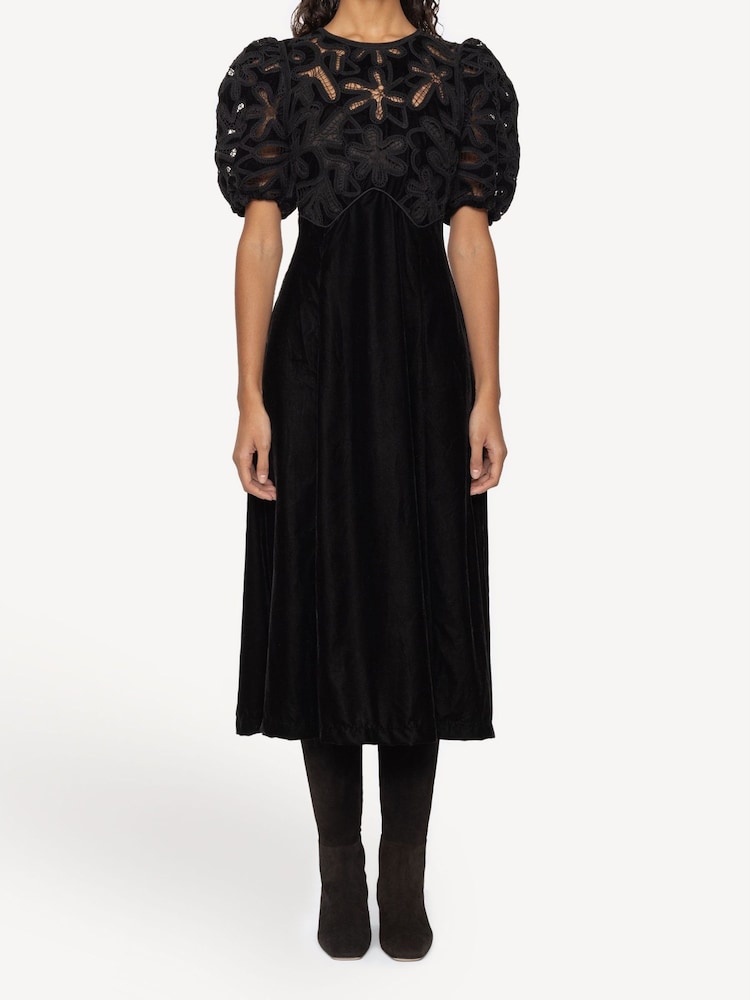 Sea New York Black Alice Embroidery Velvet Puff Sleeve Dress - Image 1 of 7 Sea New York Black Alice Embroidery Velvet Puff Sleeve Dress - Image 1 of 7