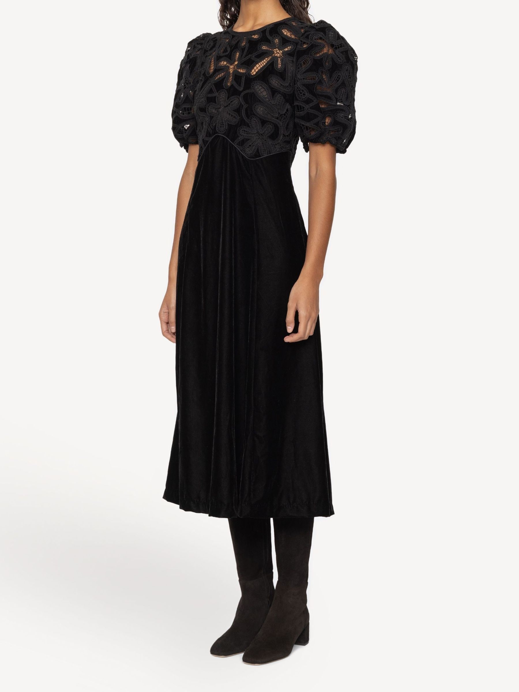 Sea New York Black Alice Embroidery Velvet Puff Sleeve Dress | Seasons