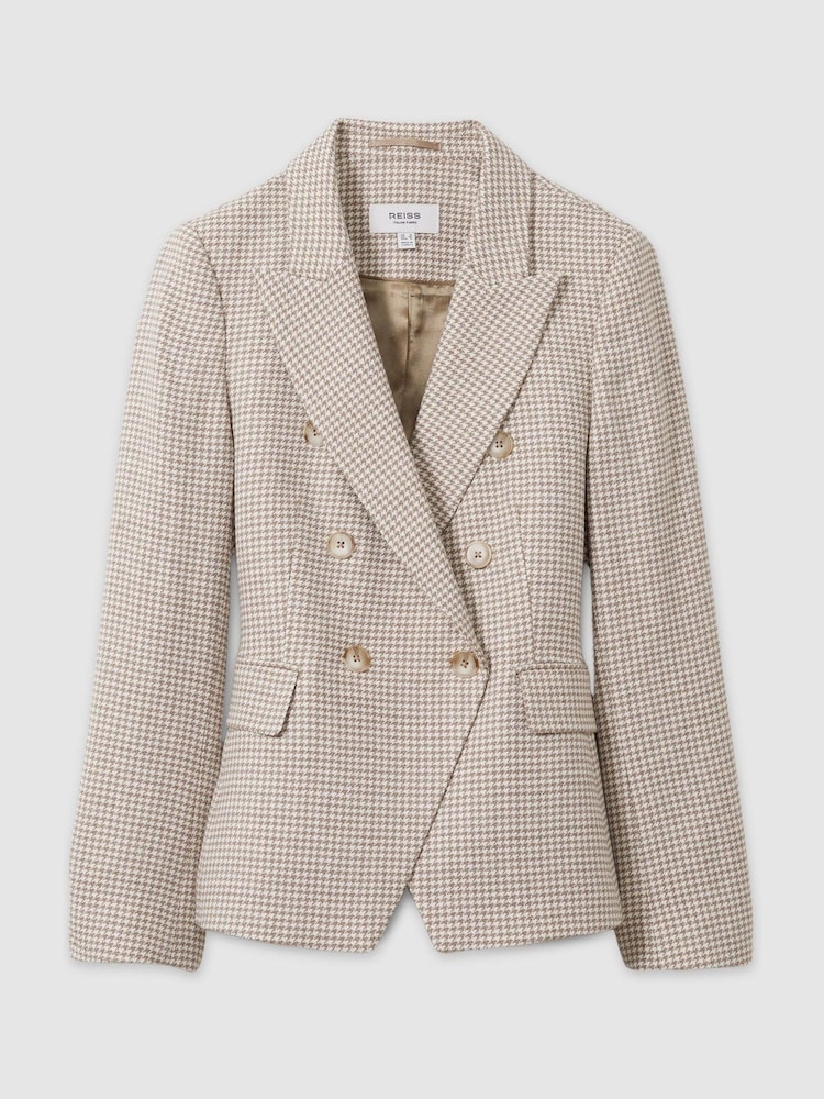 Reiss Beige Check Elisa Wool-Blend Double-Breasted Dogtooth Blazer - Image 2 of 6