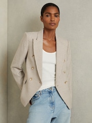 Reiss Beige Check Elisa Wool-Blend Double-Breasted Dogtooth Blazer - Image 3 of 6
