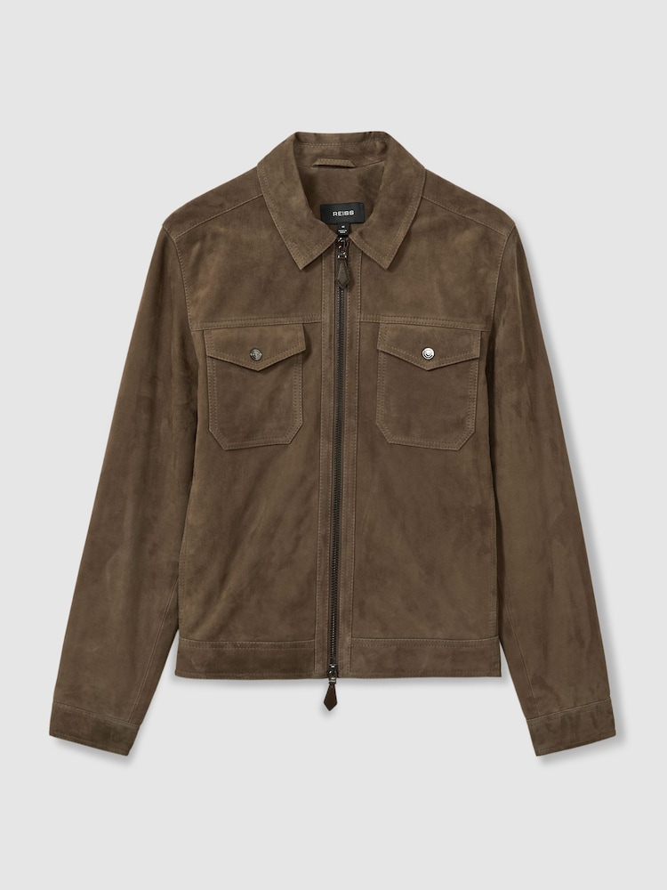 Reiss Light Charcoal Grey Pike Suede Zip-Through Trucker Jacket - Image 2 of 6