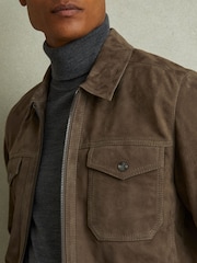 Reiss Light Charcoal Grey Pike Suede Zip-Through Trucker Jacket - Image 4 of 6