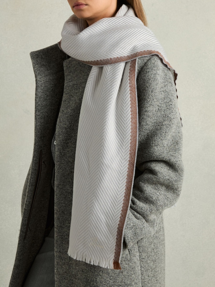 Reiss Grey Lola Logo-Embroidered Wool-Herringbone Scarf - Image 2 of 5