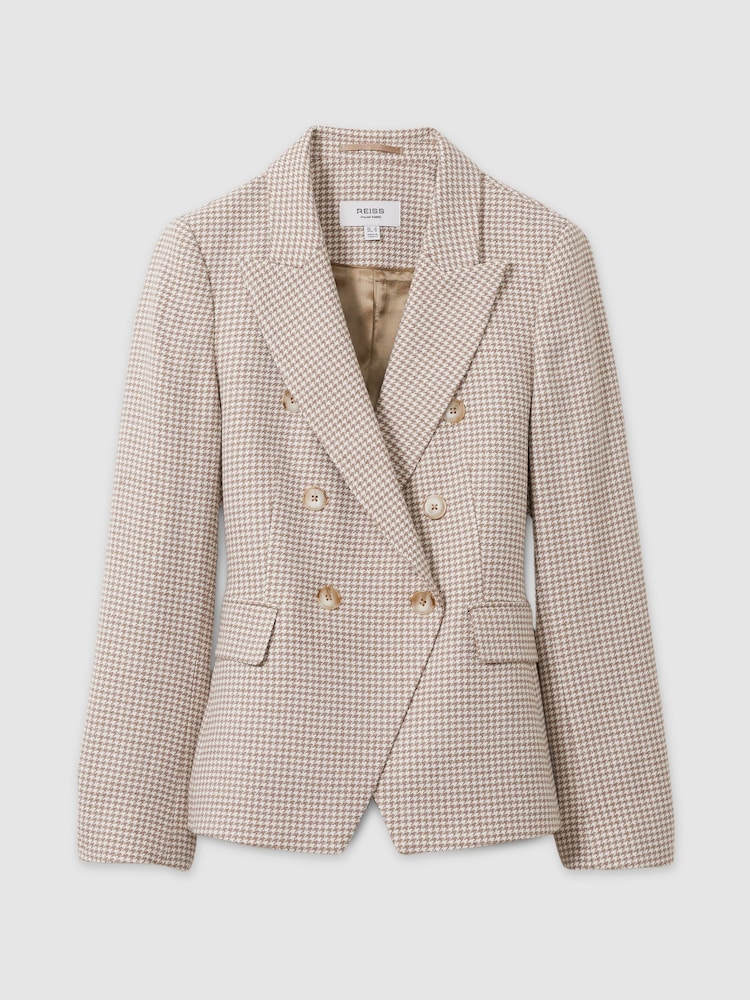 Reiss Beige Check Elisa Petite Wool-Blend Double-Breasted Dogtooth Blazer - Image 2 of 7 Reiss Beige Check Elisa Petite Wool-Blend Double-Breasted Dogtooth Blazer - Image 2 of 7