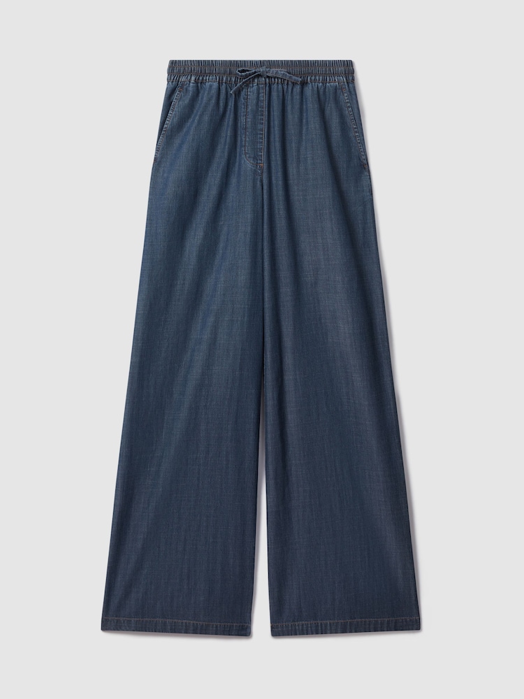 Reiss Mid Blue Carter Petite Denim Look Wide Leg Trousers - Image 2 of 7