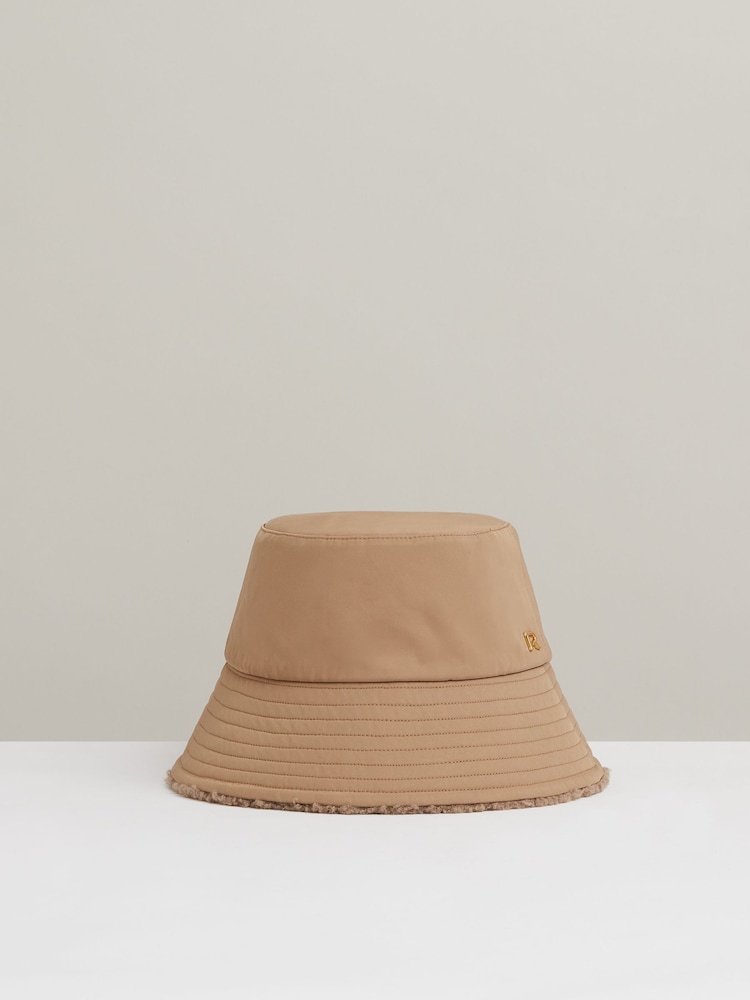 Reiss Taupe Bella Reversible Fleece and Twill Bucket Hat - Image 1 of 4