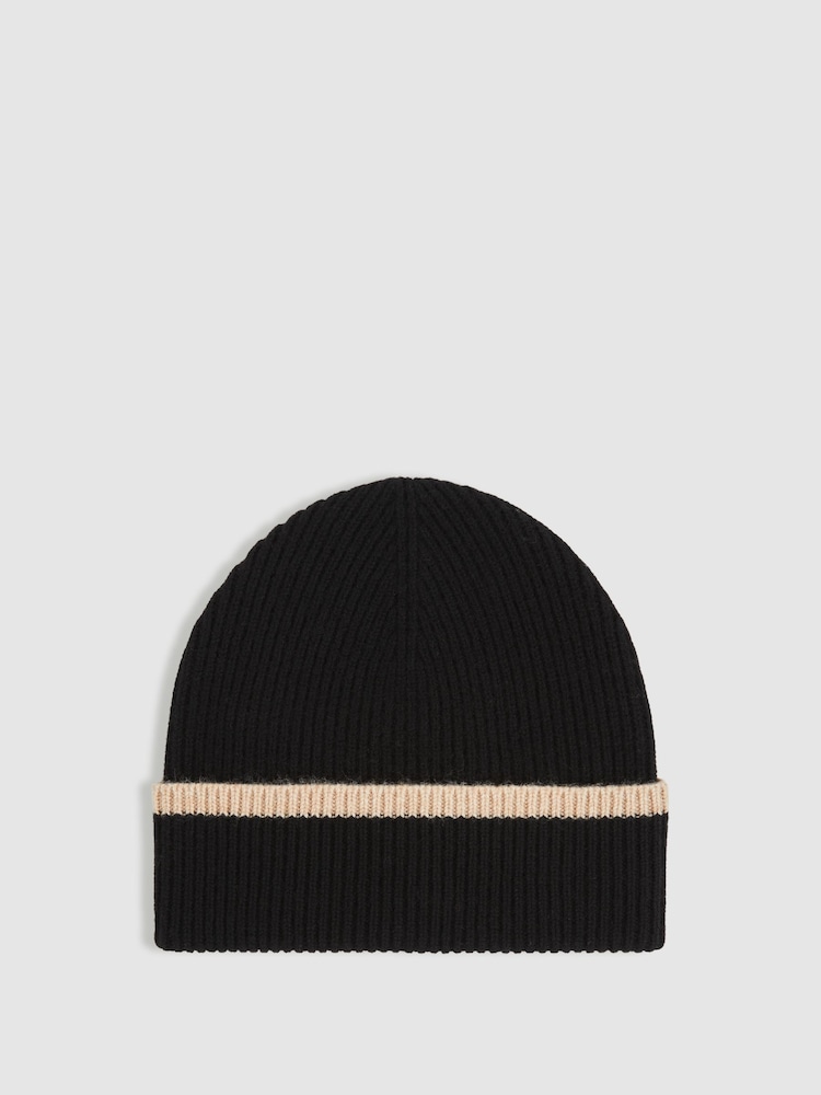 Reiss Black/Camel Hattie Rib-Knit Tipped Beanie With Cashmere - Image 1 of 3
