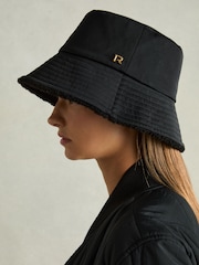Reiss Black Bella Reversible Fleece and Twill Bucket Hat - Image 2 of 4
