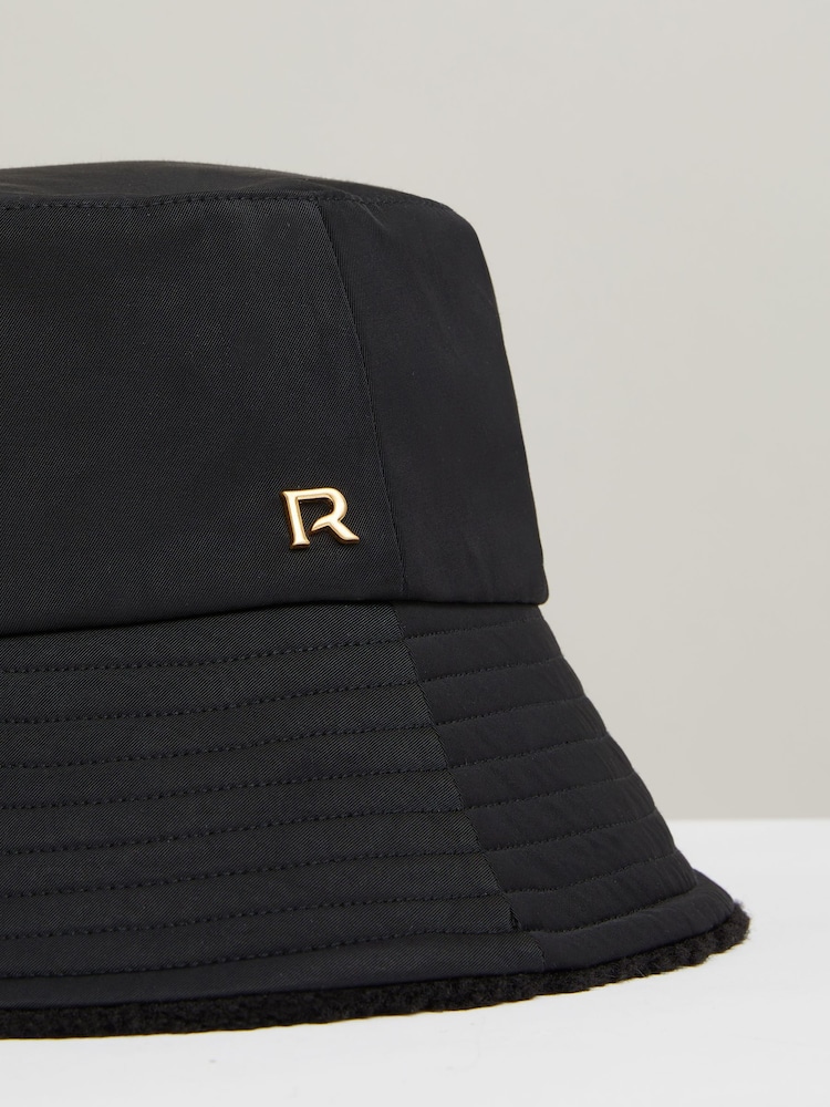 Reiss Black Bella Reversible Fleece and Twill Bucket Hat - Image 4 of 4