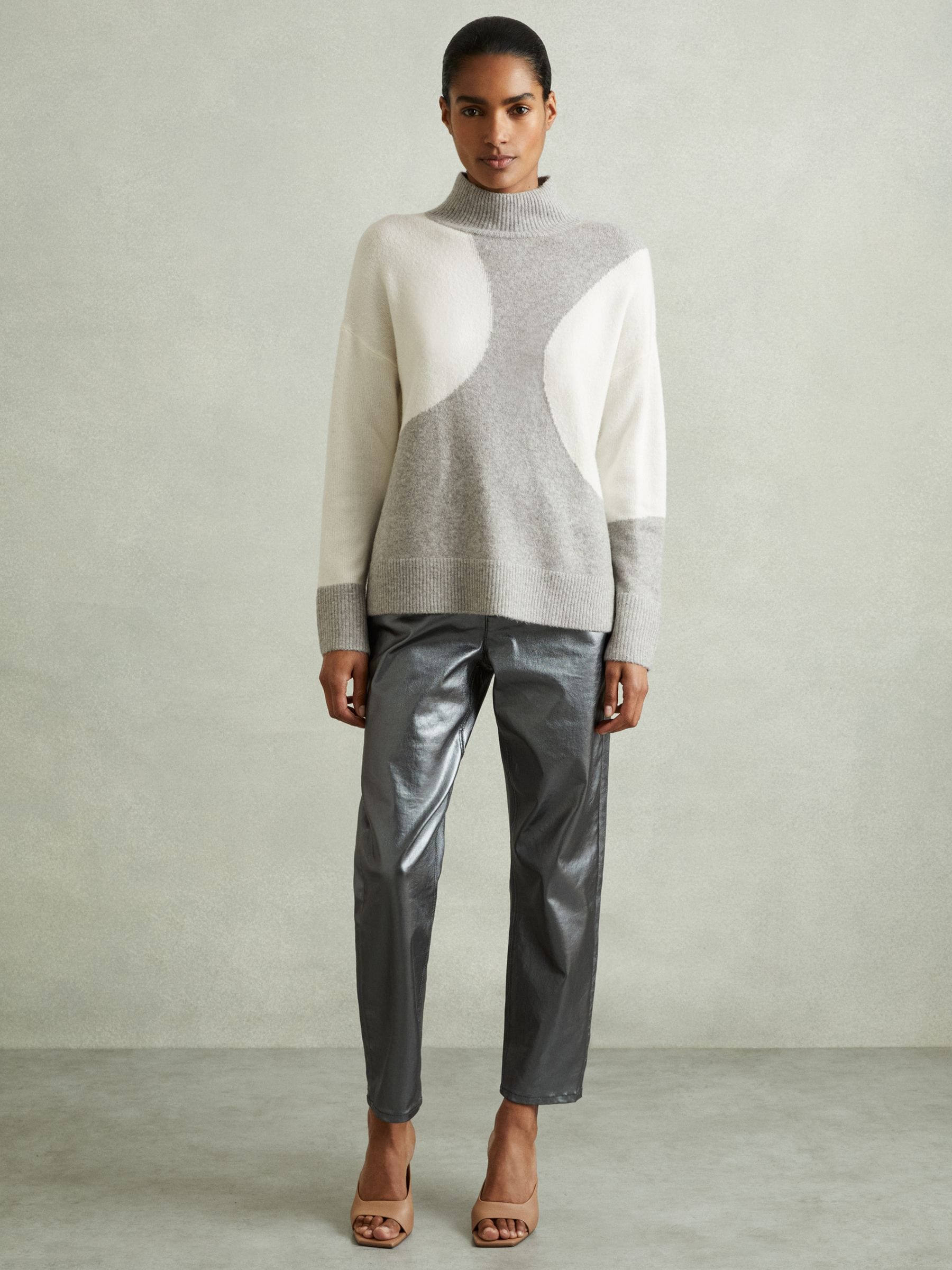 Buy Reiss Ivory/Grey Georgia Colourblock Roll Neck Jumper from