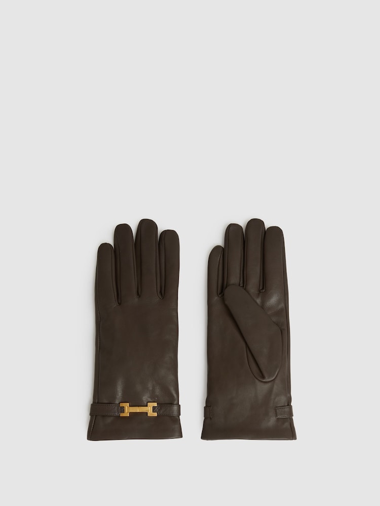 Reiss Chocolate Harriet Leather Hardware-Embellished Gloves - Image 1 of 3