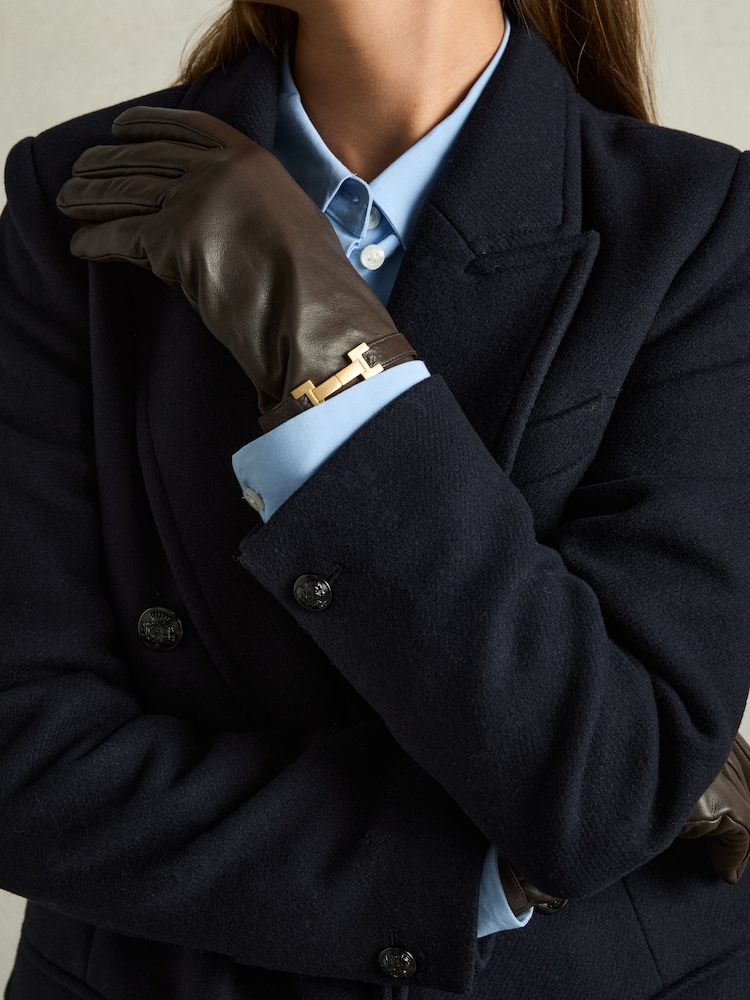 Reiss Chocolate Harriet Leather Hardware-Embellished Gloves - Image 2 of 3