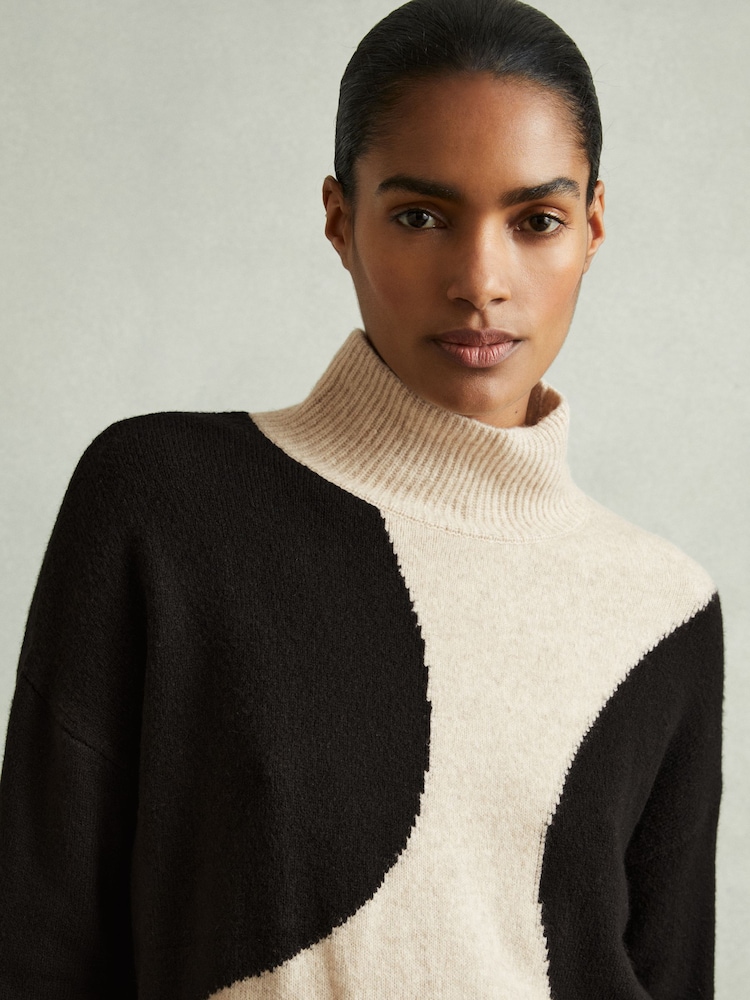Reiss Oatmeal/Black Georgia Colourblock Roll Neck Jumper - Image 1 of 6