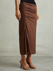 Reiss Chocolate Lisa Ruched Front Split Midi Skirt - Image 1 of 6