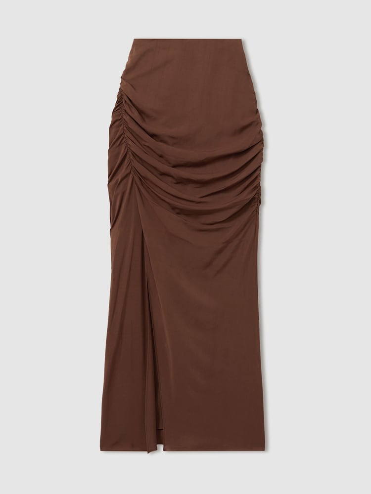 Reiss Chocolate Lisa Ruched Front Split Midi Skirt - Image 2 of 6