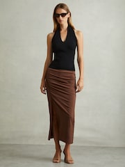 Reiss Chocolate Lisa Ruched Front Split Midi Skirt - Image 3 of 6