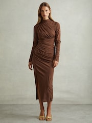 Reiss Chocolate Kelly Jersey Ruched Midi Dress - Image 1 of 6