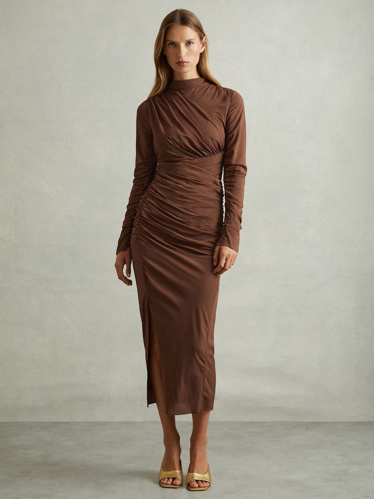 Reiss Chocolate Kelly Jersey Ruched Midi Dress - Image 1 of 6