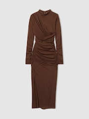 Reiss Chocolate Kelly Jersey Ruched Midi Dress - Image 2 of 6