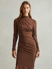 Reiss Chocolate Kelly Jersey Ruched Midi Dress - Image 5 of 6