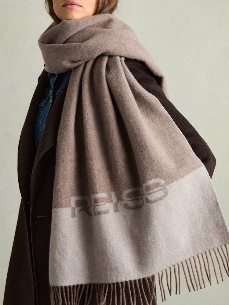 Reiss Taupe Brandy Wool Logo-Jacquard Scarf - Image 2 of 5 Reiss Taupe Brandy Wool Logo-Jacquard Scarf - Image 2 of 5