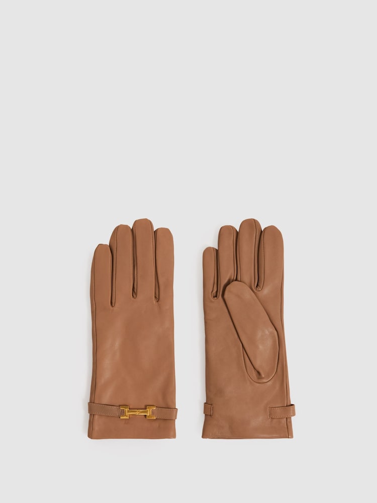 Reiss Camel Harriet Leather Hardware-Embellished Gloves - Image 1 of 2