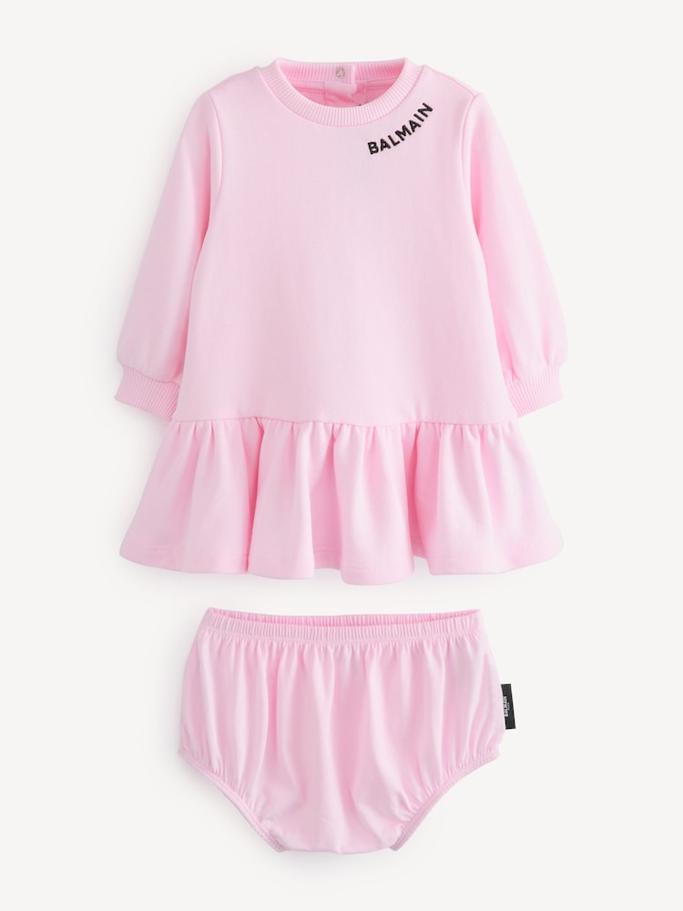 Balmain Kids Baby Pink Logo Frill Dress And Bloomers Set - Image 1 of 7 Balmain Kids Baby Pink Logo Frill Dress And Bloomers Set - Image 1 of 7