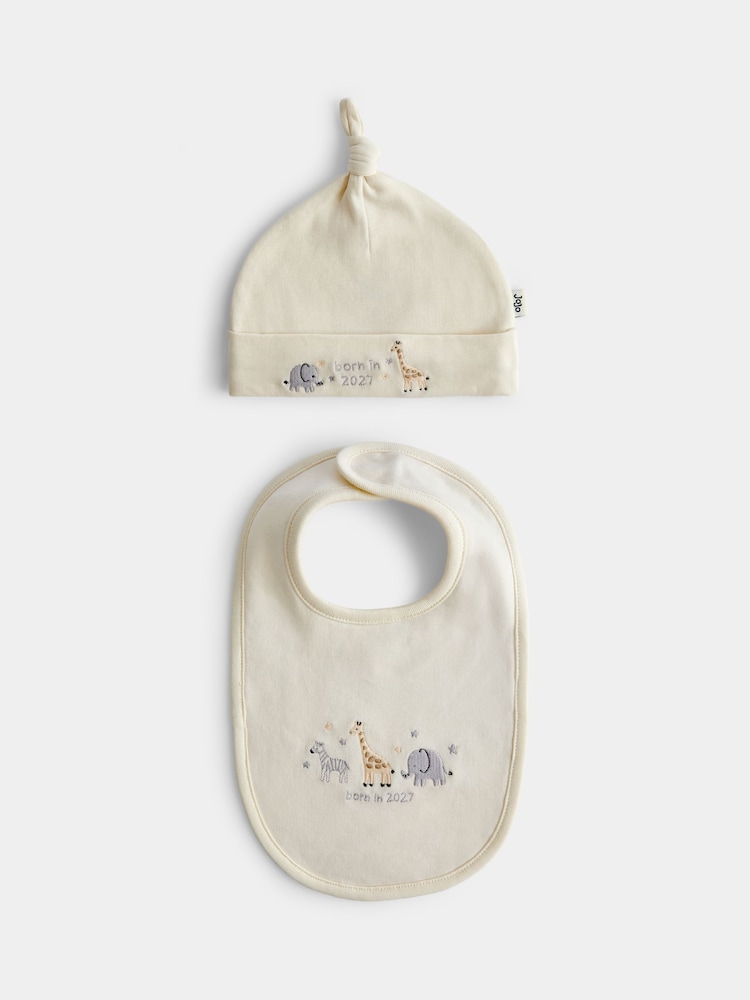 JoJo Maman Bébé Cream Safari Born in 2027 Hat & Bib Set - Image 1 of 7 JoJo Maman Bébé Cream Safari Born in 2027 Hat & Bib Set - Image 1 of 7