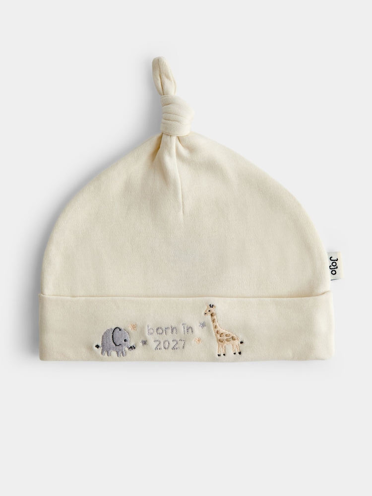 JoJo Maman Bébé Cream Safari Born in 2027 Hat & Bib Set - Image 2 of 7 JoJo Maman Bébé Cream Safari Born in 2027 Hat & Bib Set - Image 2 of 7