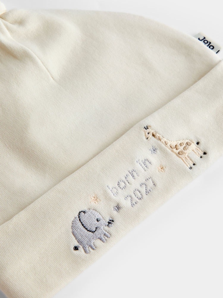 JoJo Maman Bébé Cream Safari Born in 2027 Hat & Bib Set - Image 7 of 7 JoJo Maman Bébé Cream Safari Born in 2027 Hat & Bib Set - Image 7 of 7