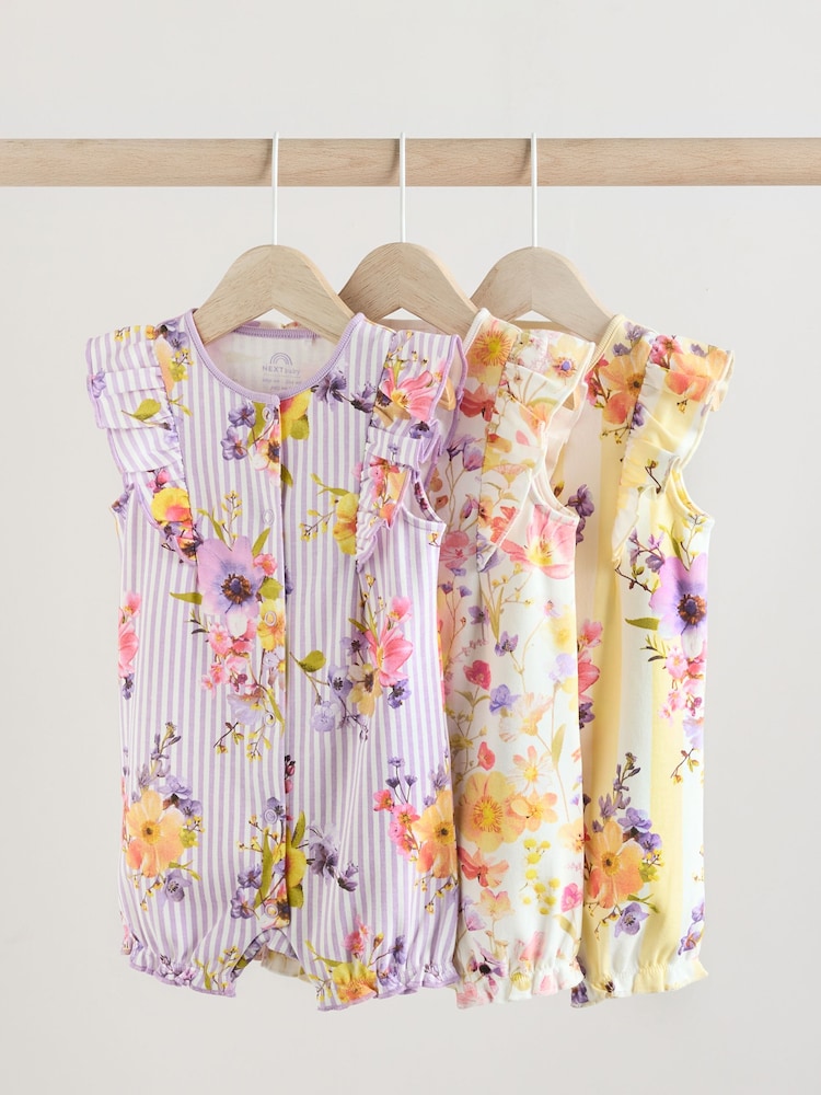 Multi Bright Floral Print Baby 100% Cotton Rompers 3 Pack - Image 1 of 11